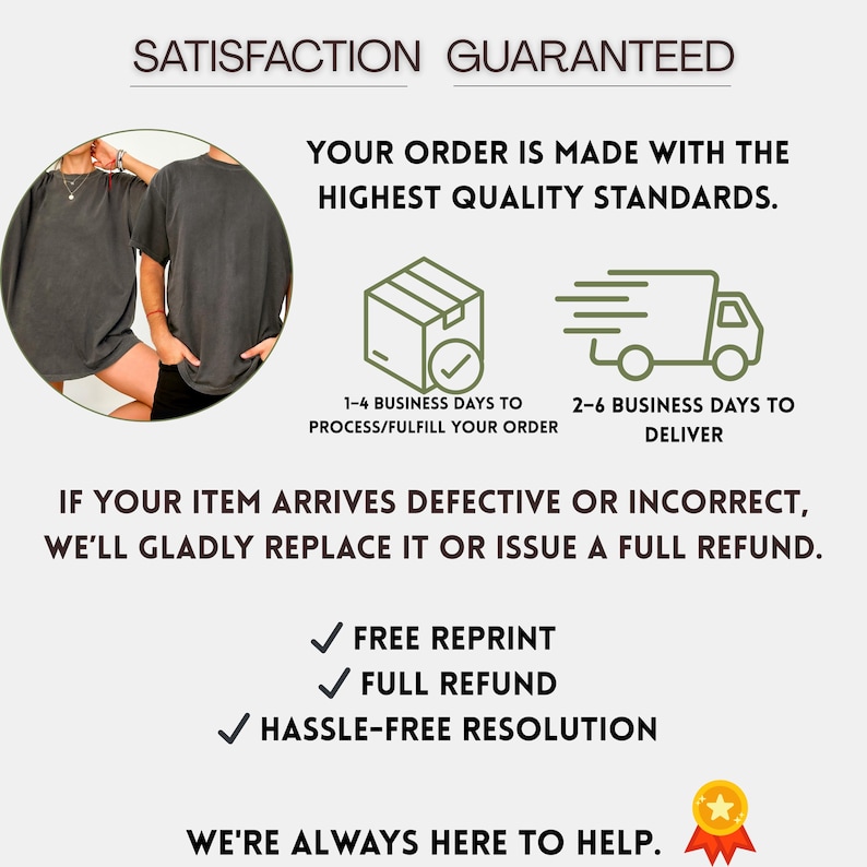 May include: A graphic with the text "SATISFACTION GUARANTEED" and other text that reads "YOUR ORDER IS MADE WITH THE HIGHEST QUALITY STANDARDS." The graphic also includes icons of a box, a truck, and checkmarks.