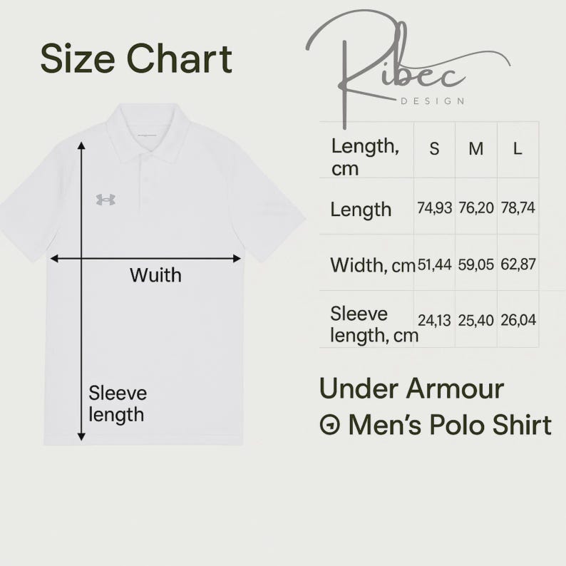 Op de afbeelding: Een witte Under Armour poloshirt met een maattabel. De tabel toont afmetingen in centimeters voor lengte, breedte en mouwlengte voor de maten S, M en L. Het shirt heeft het Under Armour logo.