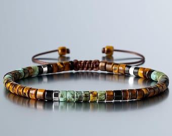 Natural Tiger Eye, Onyx, African Turquoise Bracelet • Handmade Gemstone Jewelry • Strength, Balance & Protection