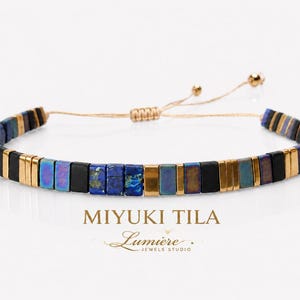 Miyuki Tila Bead Bracelet: Dark Blue, Gold, & Black - Adjustable Cord