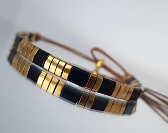 Handmade Boho Miyuki Tile Bracelet: Black & Gold Adjustable Jewelry