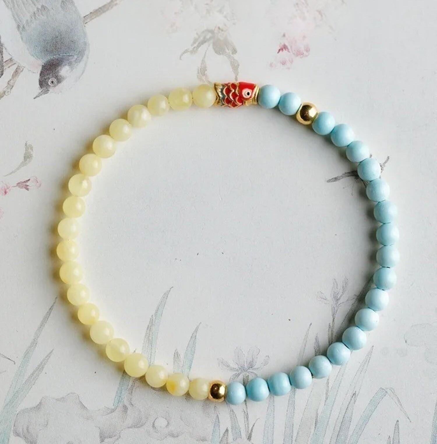 High Porcelain Turquoise Beads Bracelet with Raw Beeswax & Cinnabar Koi - Unique Gift Idea, Purple Gold Sand and Beeswax Handmade Bracelet