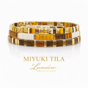 Conjunto de pulseras Miyuki Tila en oro, ámbar y blanco, apilables, de cristal japonés, conjunto de lujo cálido.