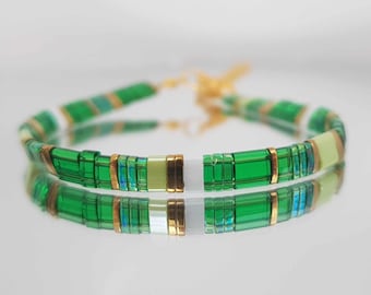 Emerald Miyuki Beaded Bracelet: Japanese Glass Boho Jewelry