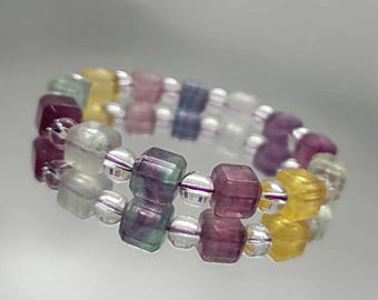 Colorful Natural Fluorite Bracelet • Healing Crystal Jewelry • Handmade Elastic Beads • Chakra Balancing Gemstone Bracelet