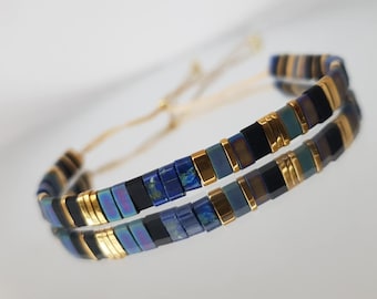 Pulsera de cuentas Tila de Miyuki: azul oscuro, dorado y negro - Cordón ajustable