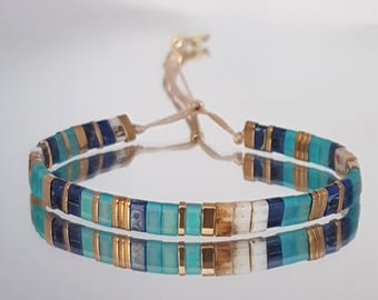 Miyuki Tila Boho Bracelet: Lapis, Turquoise & Gold - Adjustable