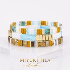 Miyuki Tila Armband Gold Weiß Blau | Sonnige Riviera Geschenk Set | Stapelbarer Japanischer Glasschmuck