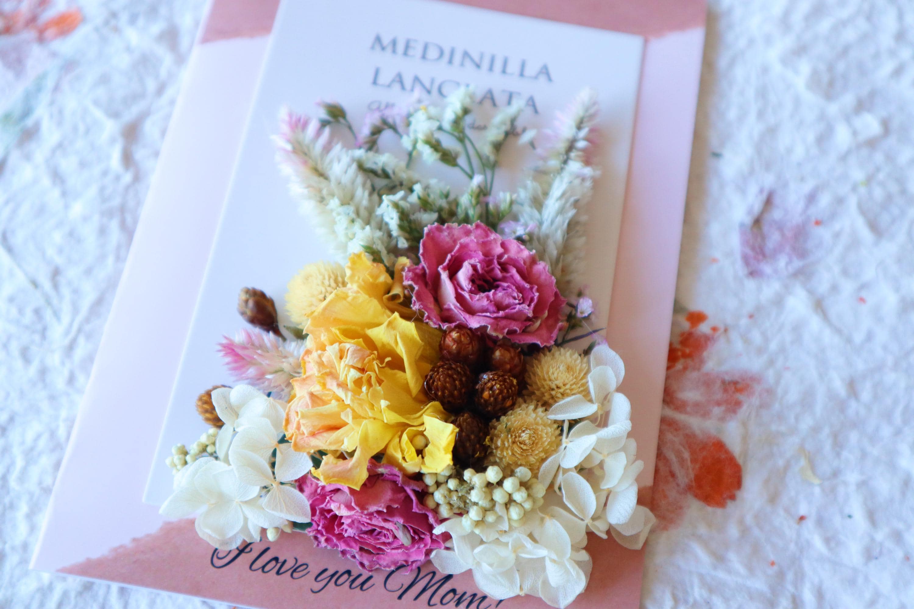 Handmade Dried Flower Card: Pastel Botanical Blossom Meadow