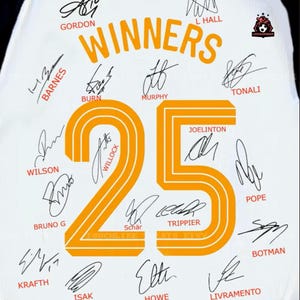 May include: White fabric with the word "WINNERS" in orange, along with the number "25" in orange. The fabric is covered with signatures in black ink. The Little Leadership logo is in the upper right corner.