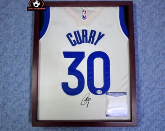 Curry #30 Signed & Framed White/Blue GSW Jersey - Autograph with BAS COA