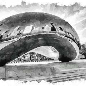 Stampa digitale ad acquerello di riflessi in monocromia – The Bean, Chicago