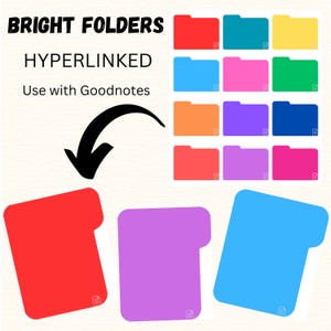 Puede incluir: Un conjunto de pegatinas de carpetas digitales de colores brillantes para Goodnotes. Las pegatinas están hipervinculadas y se pueden usar para organizar notas. Las pegatinas son rojas, naranjas, amarillas, verdes, azules, moradas, rosas y azules.