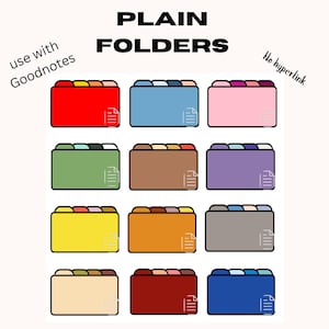 May include: Twelve colorful digital folder dividers for Goodnotes. The folders are in various colors, including red, blue, pink, green, brown, purple, yellow, orange, beige, maroon, and blue. The folders are labeled with the text "PLAIN FOLDERS" and "No hyperlink".