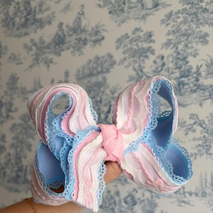 Baby shower boutique bow, blue and pink bow lace bow,