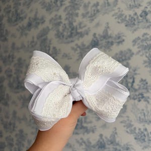 White eyelet bow with dainty pearl detail, lace bow, boutique bow