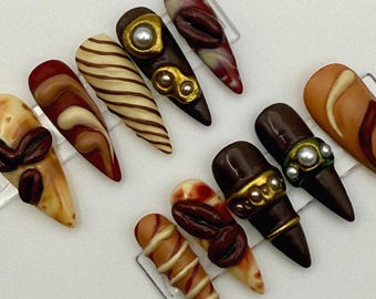 Chocolate Espresso Martini Press On Nails: 3D Pearl & Gold Detail
