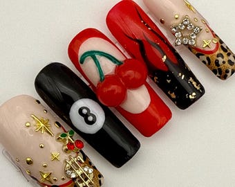 Cheetah French Tip Press On Nails: 3D Cherry Rocker Star Girl
