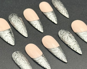 Medieval French Press on Nails; Silver or Gold Chrome Details