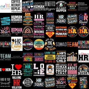 May include: A collection of colorful HR-themed graphics and text designs. The image features various phrases like "HR Squad," "Human Resources," and "HR Queen." The designs are in various fonts and styles, suitable for HR professionals.