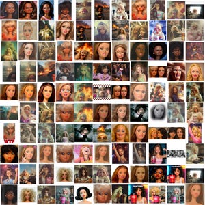 May include: A collage of doll faces with various expressions, including anger, surprise, and confusion. The dolls have different hairstyles and skin tones. Some images include background elements like fire and text.