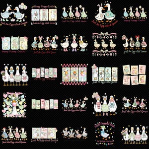 May include: A collection of whimsical illustrations featuring geese in various outfits and poses. The designs include text that reads "Happy Preppy Easter!" and "Just An Egg-cited Goose." The color palette is soft, with pastel shades and decorative elements.