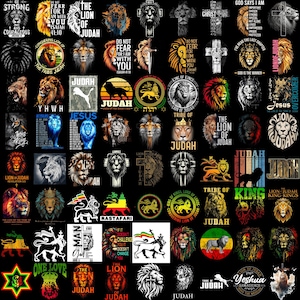 Pode incluir: Uma coleção de designs gráficos com leões, cruzes e texto religioso. Os designs incluem as palavras "Judá", "Jesus" e "Rei dos Reis". A paleta de cores inclui ouro, vermelho, preto e branco.