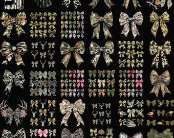 Camo Bow PNG Bundle, Hunting Camouflage Bows Set, Deer Mallard Ribbon PNGs, Country Coquette Sublimation, Transparent Download