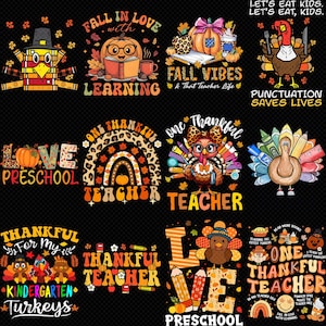 Dankbare leraar png-bundel, fall vibes leraar shirtontwerp, retro Thanksgiving voorschoolse png, schattige herfst leraar download
