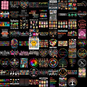 Op de afbeelding: Een verzameling kleurrijke grafische ontwerpen met de woorden "Inclusion Matters" en gerelateerde thema's. Ontwerpen bevatten regenbogen, harten, smiley-gezichten en diverse lettertypen. Het algemene thema bevordert diversiteit, gelijkheid en vriendelijkheid.