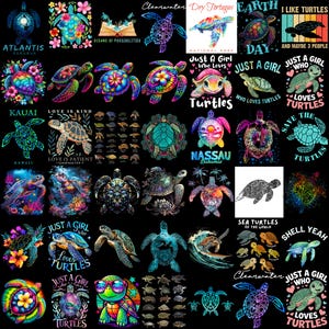 May include: A collection of colorful turtle designs on a black background. The designs include turtles with floral patterns, tropical scenes, and text such as "Just a Girl Who Loves Turtles" and "Sea Turtles of the World."