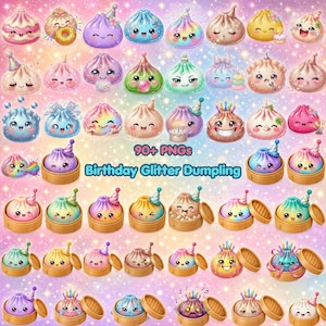 May include: A collection of over 90 digital illustrations featuring cute, glittery dumplings with various facial expressions, party hats, and birthday accessories, set against a sparkling, multicolored background with the text 90+ PNGs Birthday Glitter Dumpling.