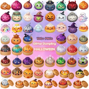 Bundel met meer dan 100 glitter Halloween dumpling clipart PNG-afbeeldingen, schattige kawaii Halloween dumpling clipart, glinsterende griezelige voedselfiguren, digitale download