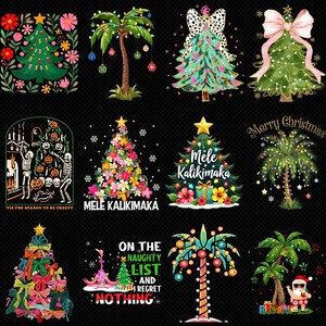 May include: A collection of Christmas-themed digital graphics. Designs include decorated Christmas trees, palm trees with lights, and a flamingo with a Christmas tree. Some designs include text such as "Merry Christmas" and "Mele Kalikimaka".