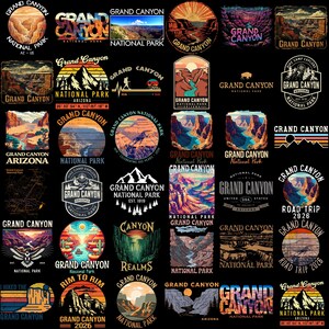 May include: A collection of Grand Canyon National Park themed designs. The designs feature illustrations of the canyon, mountains, and text such as "National Park" and "Arizona". The color palette includes shades of orange, brown, and blue.