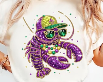 Mardi Gras Crawfish PNG, Purple Gold Lobster Design, Beads Mask Hat Sunglasses, Louisiana Cajun Sublimation Digital Download