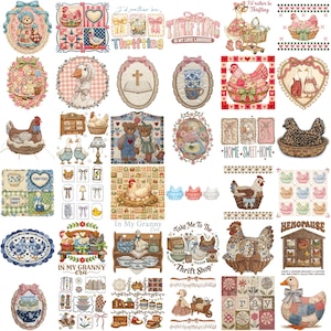May include: A collection of vintage-style illustrations featuring various themes. The images include ducks, chickens, teddy bears, and floral designs. Some images have text like "Thrifting is my love language" and "Home Sweet Home". The color palette is soft, with pastel shades.
