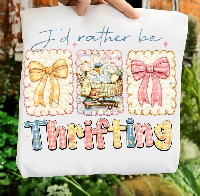 Puede incluir: Bolso tote blanco con el texto "I'd rather be Thrifting". El dise&ntilde;o incluye ilustraciones de un lazo amarillo, un carrito de compras lleno de art&iacute;culos y un lazo rosa. La palabra "Thrifting" est&aacute; en letras coloridas y estampadas.