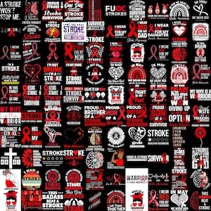 Könnte beinhalten: Eine Sammlung roter und weißer Grafiken zum Thema Schlaganfall-Aufklärung. Die Designs umfassen Bänder, Text und Illustrationen mit Botschaften der Unterstützung und des Überlebens. Die Bilder sind auf schwarzem Hintergrund.