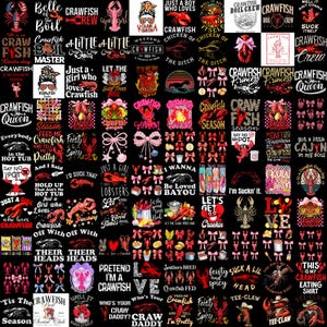 May include: A selection of graphic designs with crawfish imagery and text. The designs incorporate phrases such as "Crawfish Queen," "Crawfish Season," and "Be Loved Bayou." The color scheme includes red, pink, and black.