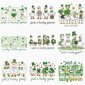 May include: A series of St. Patrick's Day illustrations featuring cartoon geese in green attire. The geese are shown with shamrocks, pots of gold, and text that reads "just a lucky goose" and "Lucky little goose". The designs are festive and whimsical.