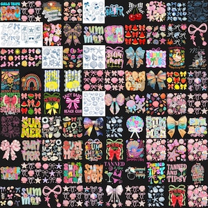 May include: A collection of summer-themed digital designs featuring bows, seashells, and text. The designs include phrases like "Summer Vibes," "Salty Babes," and "Tanned and Tipsy." Colors include pink, blue, and yellow.