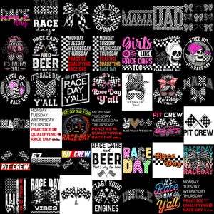 May include: A selection of racing-themed graphics on a black backdrop. The designs feature phrases like "Race Day," "Pit Crew," and "Start Your Engines," alongside checkered flags, bows, and a skull. The colour scheme includes black, white, pink, and red.