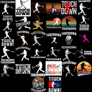 Paquete de imágenes PNG de touchdowns de béisbol, silueta de jugador de béisbol retro vintage, diseño de camiseta deportiva, conjunto de imágenes PNG para sublimación del día del partido.