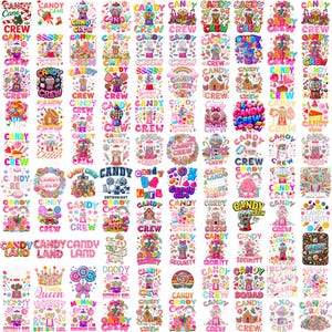 Peut inclure: Une collection de motifs sur le thème des bonbons. Les images présentent divers bonbons, des distributeurs de gommes et des textes tels que "Candy Crew" et "Candy Land". Les motifs sont vifs, avec un mélange de roses, de bleus et de verts, parfaits pour les vêtements ou les accessoires.