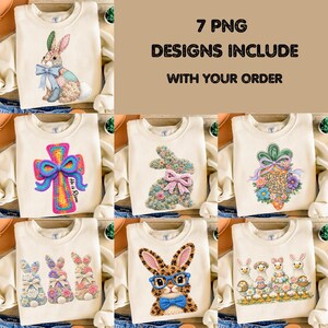 Puede incluir: Sudaderas color crema con dise&ntilde;os tem&aacute;ticos de Pascua. Los dise&ntilde;os incluyen un conejito con un lazo azul, una cruz con un lazo, un conejito hecho de flores, un conejito con un lazo rosa, un conejito con gafas y pajarita, y un grupo de conejitos y patos con cestas de Pascua. El texto en la imagen dice: "7 PNG DESIGNS INCLUDE WITH YOUR ORDER."
