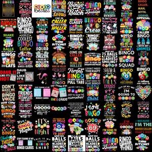May include: A collection of bingo-themed graphic designs on various products. The designs feature phrases like "Bingo Besties," "Bingo Time Bitches," and "I Love Bingo." The color palette includes black, white, and vibrant colors.