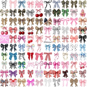 May include: A selection of bows in diverse designs and hues. The bows showcase a range of patterns, including solid colours, polka dots, gingham, and animal prints. Some bows feature cherries, while others have text that reads "Delusional Girl".