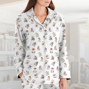 Cute Ghost Reading Book Pajamas Set, Halloween Sleepwear, Spooky Season Outfit, Cozy Fall Nightwear, Gift for Book Lovers