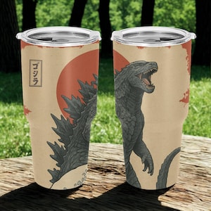 Godzilla 30oz Tumbler with Handle Straw, Kaiju Tumbler Vintage Japanese Giant Monster Great Wave Tumbler, Custom Name Tumbler Christmas Gift